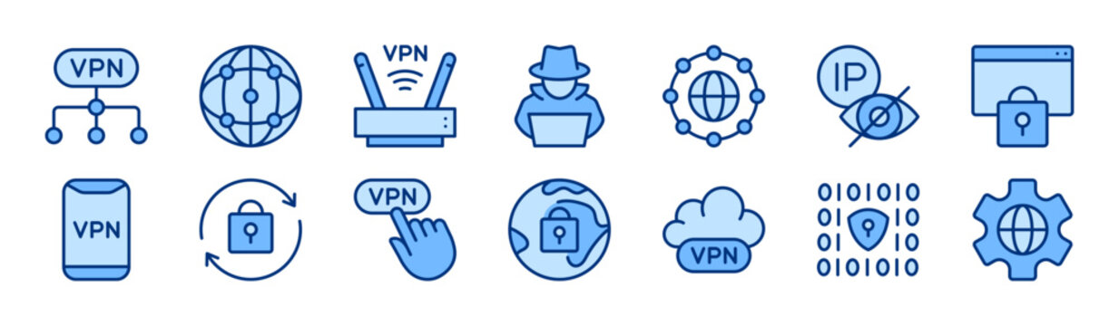 VPN filled icon set. Virtual Private Network, Cybersecurity, Data Security, Internet Privacy, Encrypted concept. Blue vector icons collection.