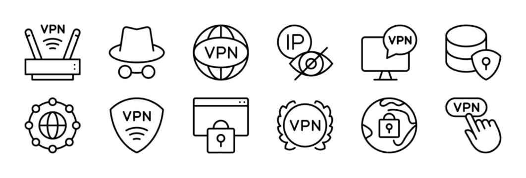 VPN thin line icon set. Virtual Private Network, Cybersecurity, Data Security, Internet Privacy, Encrypted concept. Black outline vector icons collection.
