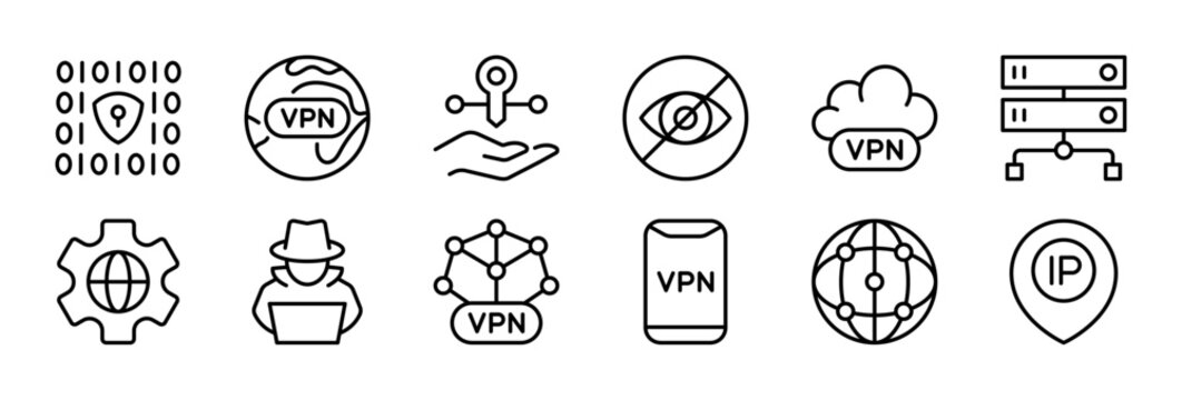 VPN thin line icon set. Virtual Private Network, Cybersecurity, Data Security, Internet Privacy, Encrypted concept. Black outline vector icons collection.