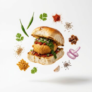 Indian vada pav with spices and flying ingredients
