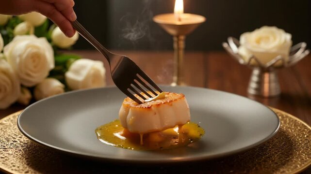 A close-up of a fork picking up a scallop with sauce on top.