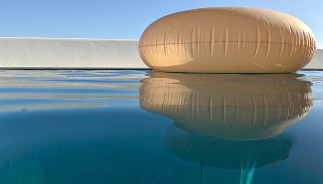 inflatable donut pool float with serene reflection on calm blue water under clear sky
