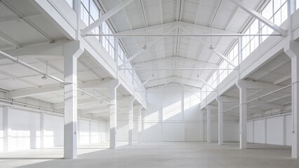 Fototapeta premium Clean white industrial hall, minimal architecture, soft natural light, empty space, modern luxury aesthetic