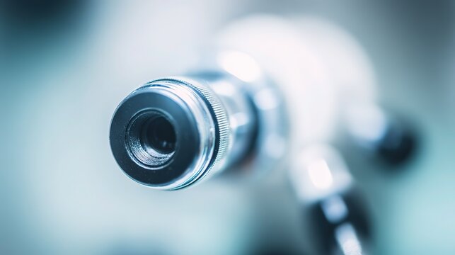 Metal ophthalmoscope under cold clinical light, minimalist white ophthalmology room background, professional medical device close-up