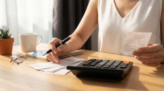 Budget planning calculator receipt expense finance home office woman hand tallying bills. Calculating budget family monthly finance planning, savings, responsibility, management