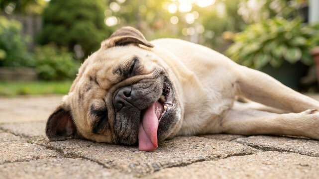Dog heat stroke. dog heat stroke pug panting pavement summer outdoor garden tired pet. Exhaustion health, pet cooling prevention, high temperature care dehydration, hot, water, summer