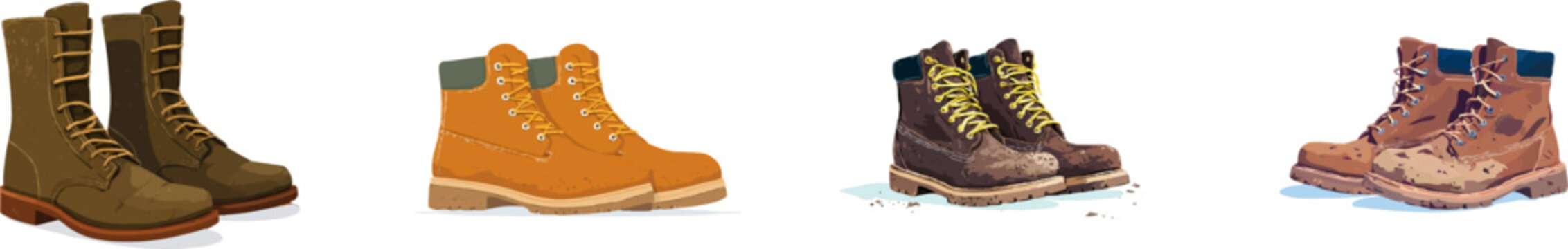 A pair of worn brown leather work boots with dry dirt on a clean white background, minimalist design