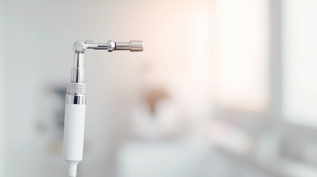 Professional ophthalmoscope in clean white ophthalmology room, metallic instrument with cold clinical lighting, soft ambient glow, minimalist medical aesthetic