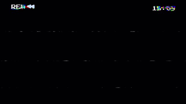 Rewind REW Analog TV Old VHS Video Tape Screen on Black Background with Digital Timer 4k video