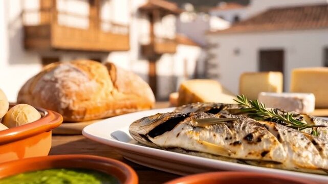 Assortment of Traditional Canarian Dishes Including Grilled Fish, Papas Arrugadas, and Mojo in a Picturesque Village Square.