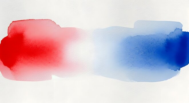A horizontal watercolor painting featuring a vibrant red wash on the left and a deep blue pigment on the right, which gently diffuse into a clean white negative space located in the center of.