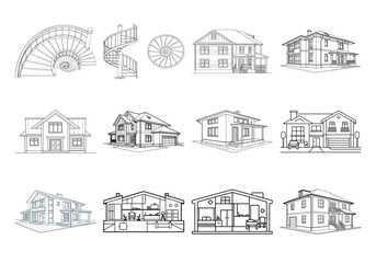Black and white of various house types and architectural home cottage bungalow mansion © CDMIZAN