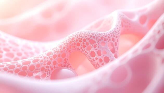 Pink, textured abstract structure with porous, hole-filled surface, bathed in soft light