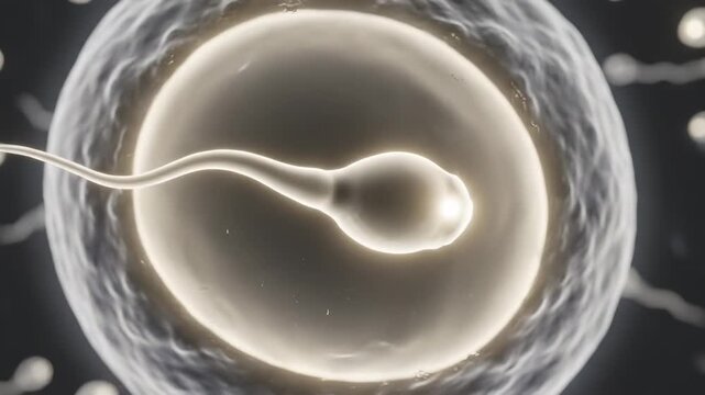 This shows a detailed 3D animation of a sperm fertilizing an egg in a microscopic view. The highlights the IVF process and early stages of human pregnancy and fetal development.
