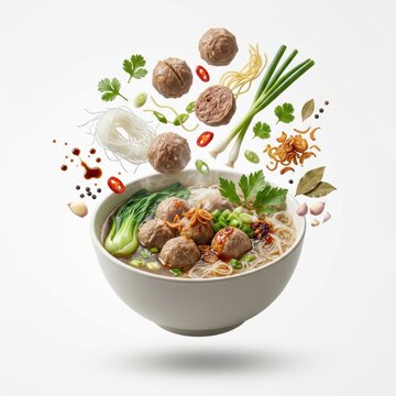 Indonesian bakso noodle soup with floating meatballs and spices