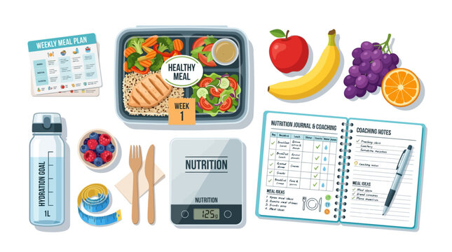 Healthy meal prep container with fresh fruits and nutritional tracking tools for a balanced lifestyle and fitness goal planning