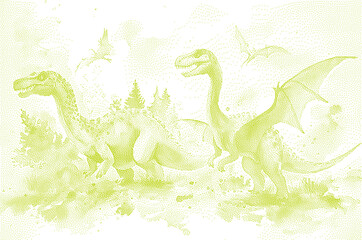 Prehistoric landscape with dinosaurs and pterodactyls in a watercolor style with soft green hues © rokeya