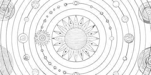 black and white illustration of solar system diagram © Achinta