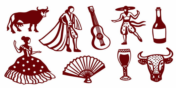 spanish culture icons bull flamenco dancer guitar fan wine