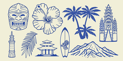 tropical travel icons including a tiki mask and hibiscus © Achinta