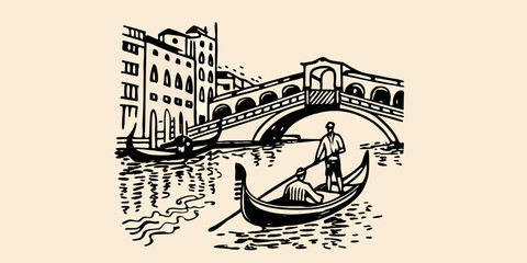venice canal black ink sketch showing gondolas and bridge © Achinta