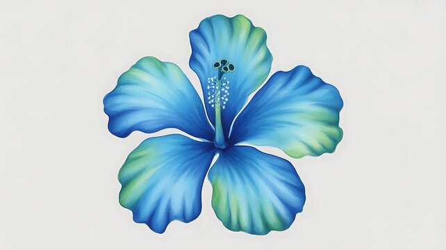 Colorful blue and green hibiscus blossom on a subtle light gray field