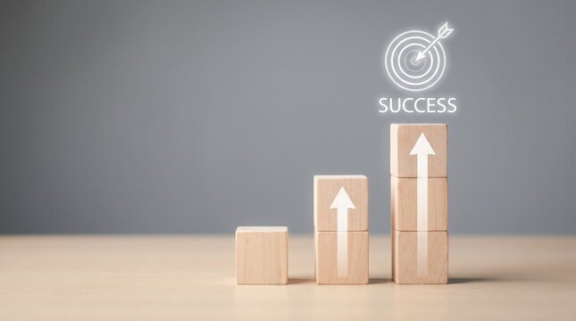 Wooden blocks stacking as a staircase with an arrow pointing up to a target icon and the word success, representing business growth and achievement