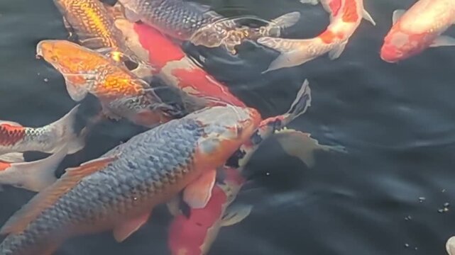 池で泳ぐ沢山の鯉の動画