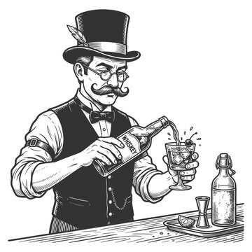 mustached bartender in top hat pouring whiskey into a cocktail glass sketch engraving generative ai fictional character vector illustration. Scratch board imitation. Black and white image.