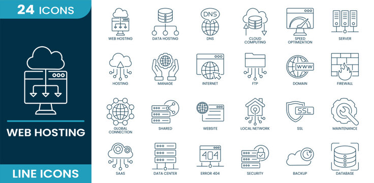 Web hosting icon set. web hosting, data hosting, dns, cloud computing, speed optimization, server, internet, firewall, ssl, backup, database, ftp, domain, hosting. Line vector icons.