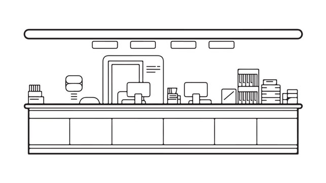 Pharmacy counter and drugs store interior, line icon for healthcare and medical illustration