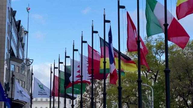 International country flags waving in budapest