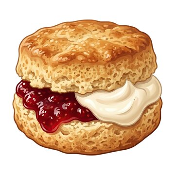 Traditional golden brown scone filled with strawberry jam and clotted cream isolated on white background
