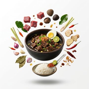 Indonesian rawon soup with beef, egg, and various spices