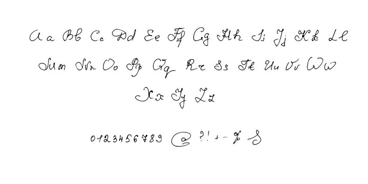 Handwriting English alphabet, script font.