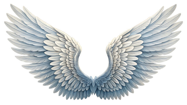 Symmetrical silver wings spread against white background in 3D render