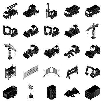  Large-scale construction machinery and civil engineering equipment silhouette icon set