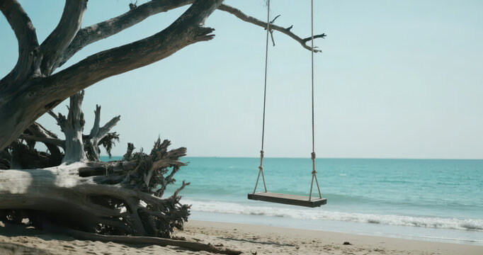 An empty swing under a large tree by the sea, facing the blue ocean and white sand, quiet and healing.