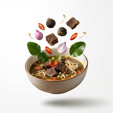 Floating Indonesian rawon soup with beef and spices