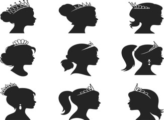 Set of black silhouettes of princess heads with various hairstyles and tiaras isolated on white background vector illustration © Junayed