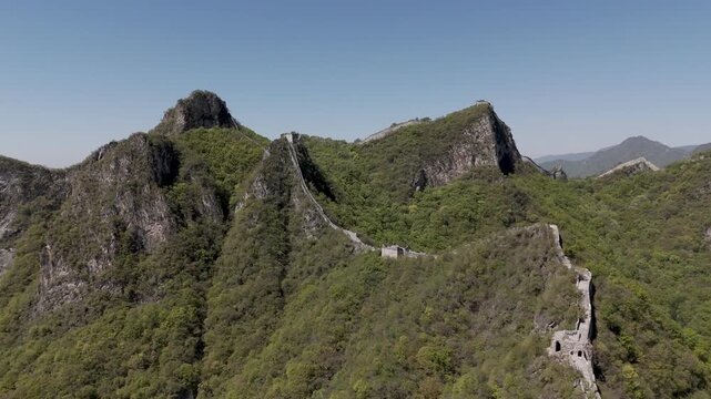 Unrestored Jiankou Great Wall crossing steep mountain peaks and rocky ridges near Beijing, China