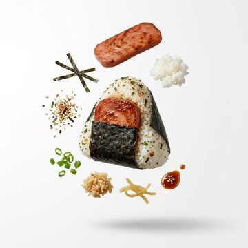 Spam musubi with ingredients floating on white background