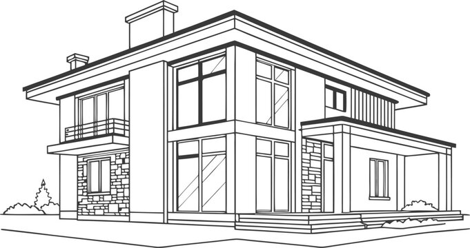 Side elevation architectural blueprint of a modern two story villa with pitched roof