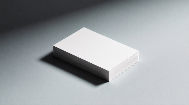 Simple stack of blank white business cards on gray background with soft shadows. Modern mockup template for branding, office stationery, print design, and corporate identity projects.