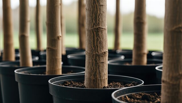 Young trees in black pots arranged in rows for commercial nursery planting