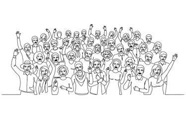 Fototapeta premium Cheerful crowd cheering continuous one line drawing, Hands up, Group of applause people.