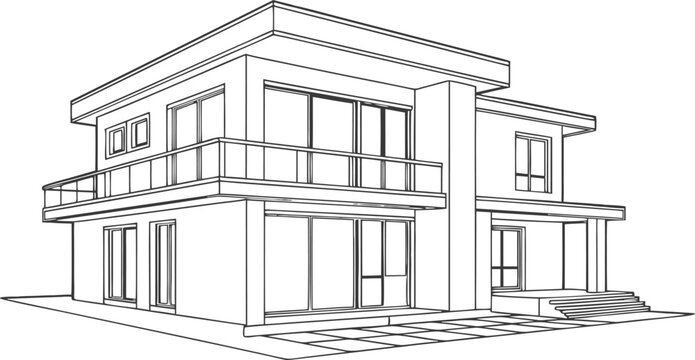 Black and white C A D elevation of a two-story house with gable roof and multiple windows