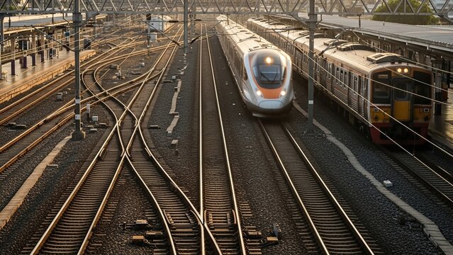 High-speed train on railway tracks at urban station during sunrise commute