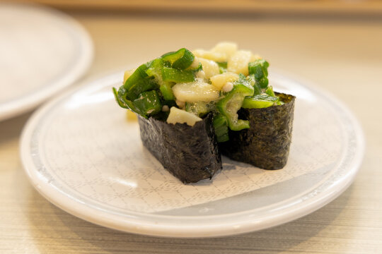 Healthy Okra and Grated Yam Gunkan Sushi, Green Vegetable Seaweed Roll in Japanese Kaiten Sushi Style