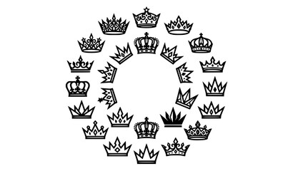 Royal crown and tiara line icons set arranged in a circle layout outline vector illustration on white background © Mohammad